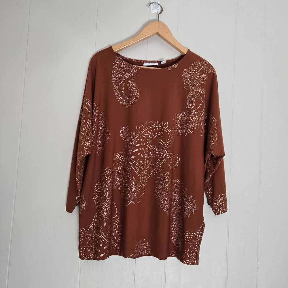 Susan Graver Liquid Knit Scoop Neck Top Paisley Print Copper Brown Gold M